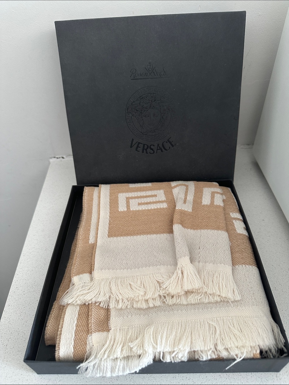 Versace Neutral Tone Geometric Fringed Throw - Beige & Cream